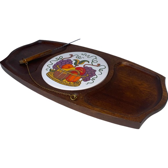Vintage Gail Craft Quality Woodenware Fruit & Cheese Board w Attached Knife EUC - Picture 3 of 10